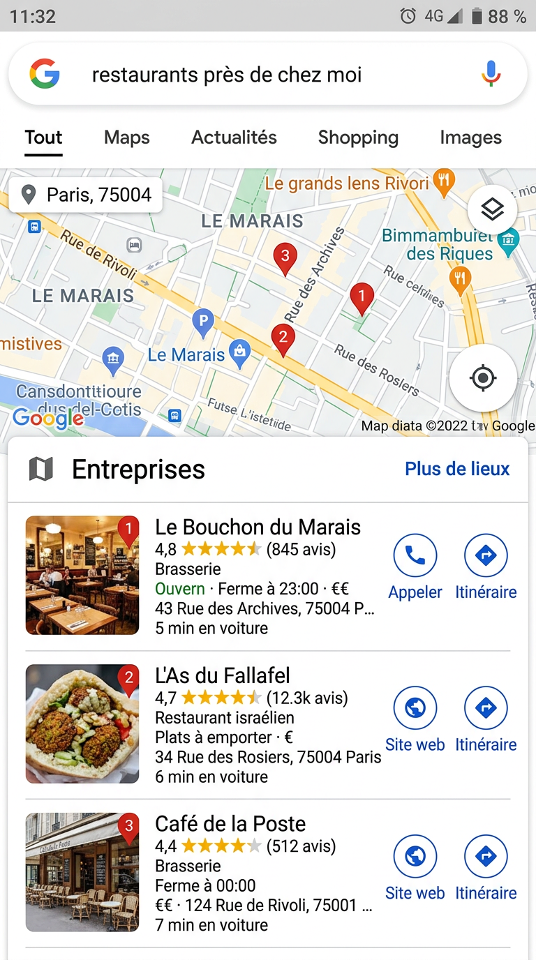 Capture d'écran du 3-Pack Google Maps avec entreprises locales